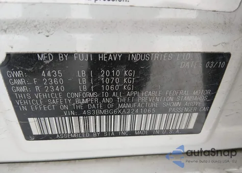 2010 Subaru Legacy 2.5I Premium z USA, uszkodzony, nr VIN 4S3BMBG6XA3241065